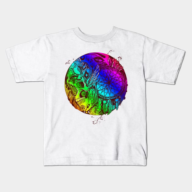 Rainbow Skull and Dreamcatcher Circle Kids T-Shirt by kenallouis